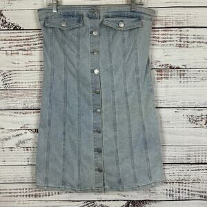 Women's Love Cult Denim Button Up Halter Mini Jean Dress Light Wash Stretch Sz L